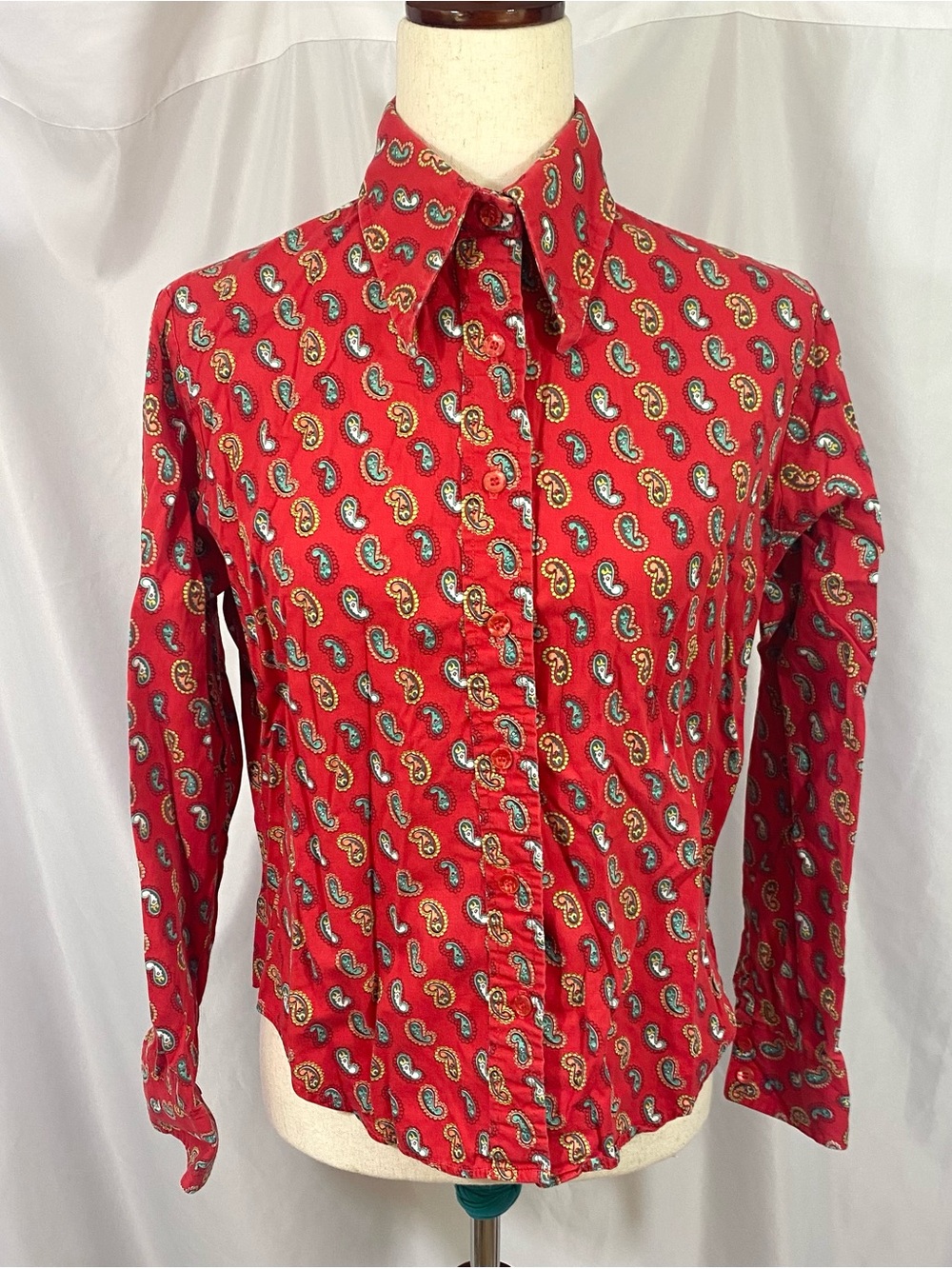 Vintage 70’s JC Penney Red Paisley Dagger Collar Women’s Shirt Medium Large